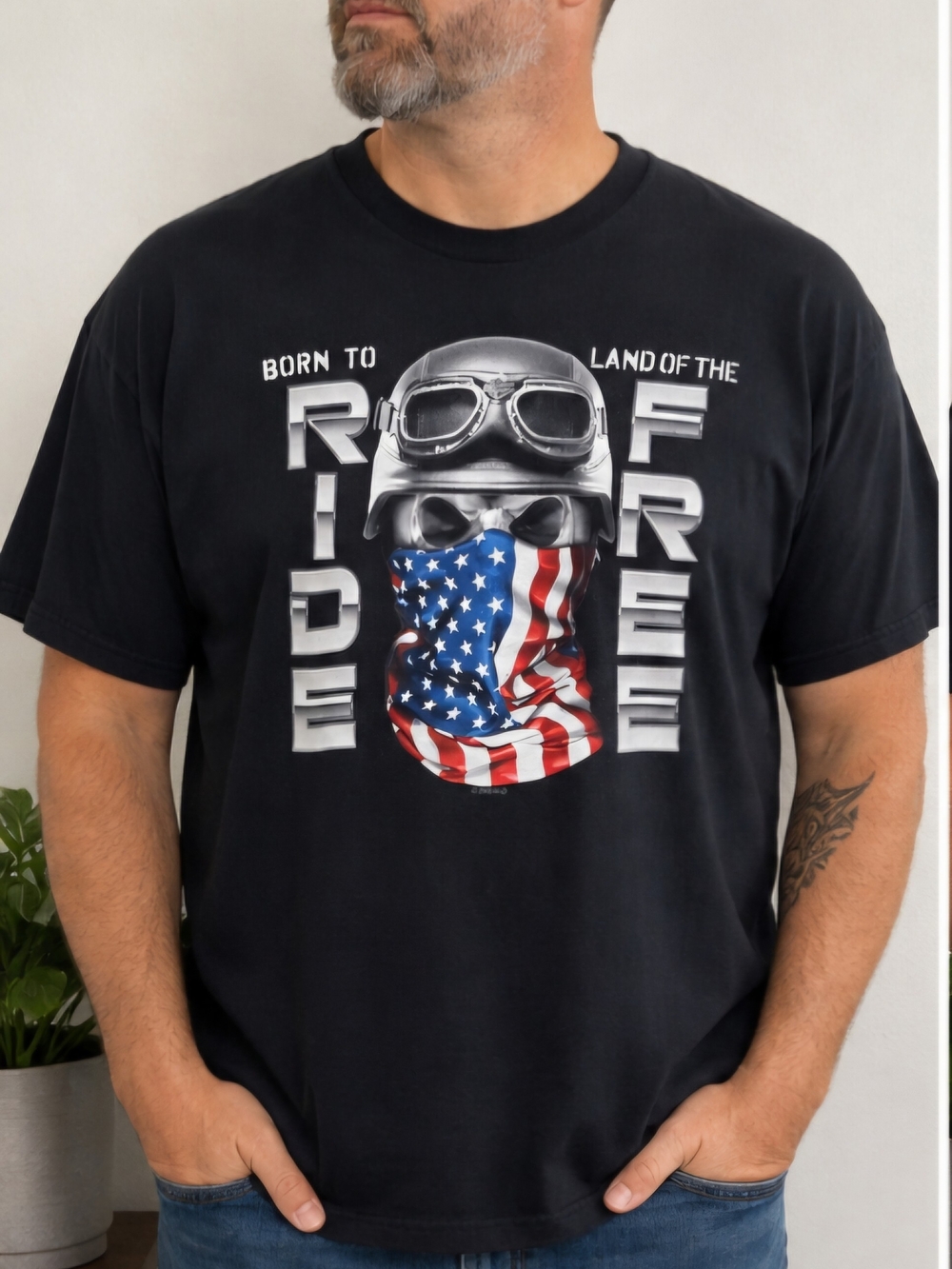 Harley-Davidson Men’s XL Blk Born to Ride Free Skull American Flag T-Shirt B1004